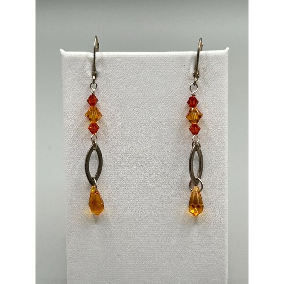Sterling Silver and Orange Glass Beads Dangles Long Pierced Leverback Closure - Picture 3 of 7